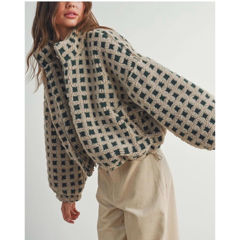 Women Sherpa Fleece Jacket Long Sleeve Checkered Warm Outwear w/Pockets evercado